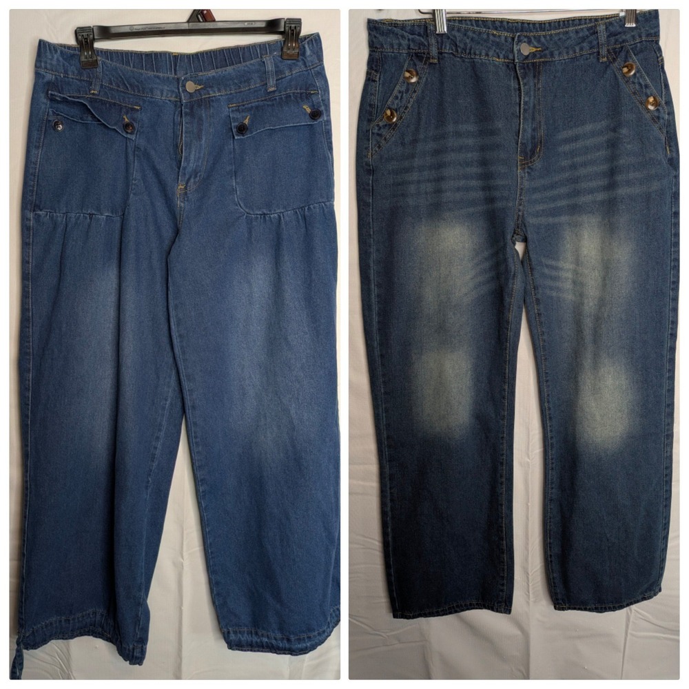 Womens XL Blue Denim Wide Leg Sailor Pants High Waist Elastic Back‎ Drawstring